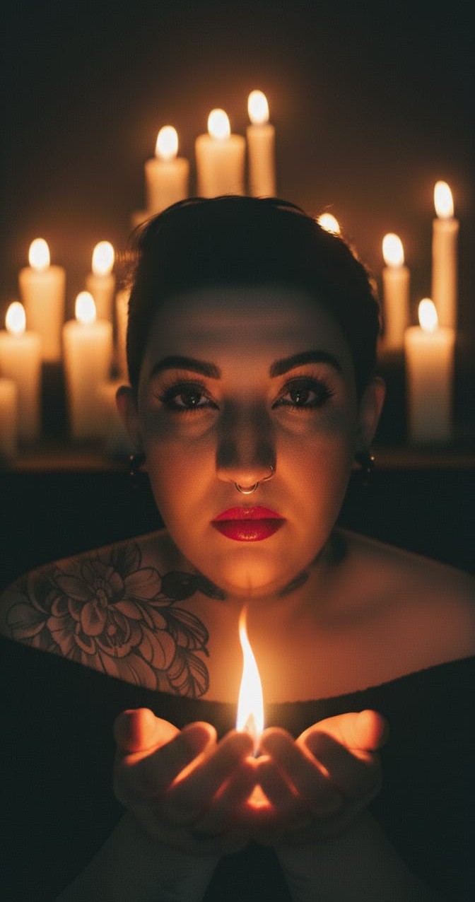 Jady Mota segurando uma vela com ambas as mãos, cercada de velas ao fundo